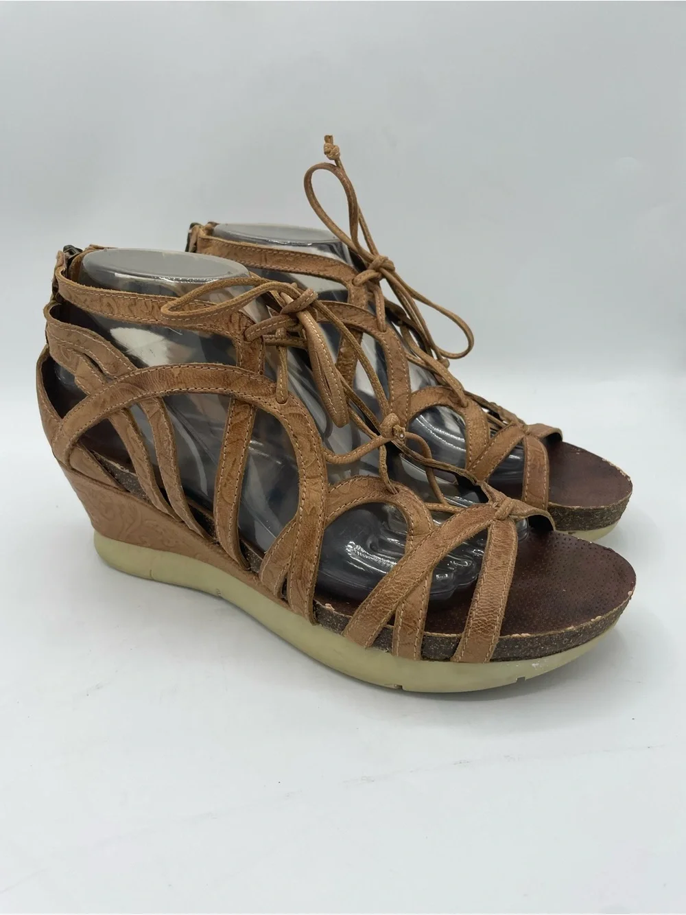 OTBT Nomadic Leather Tan Lace-Up Strappy Wedge Sandals.